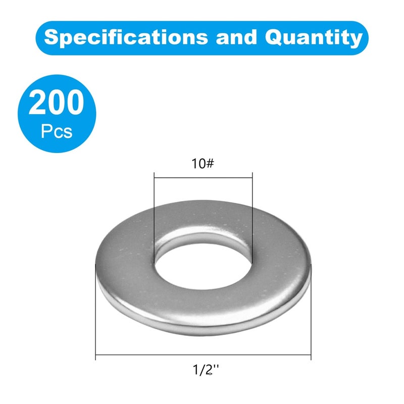 Yinpecly 200pcs 10# Flat Washers OD 1/2'', 304 Stainless Steel Washers,SAE Metal Washers for Screws Bolts - Image 2